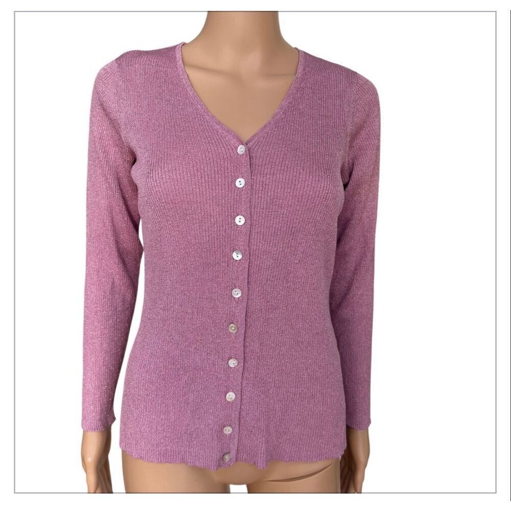Petite Sophisticate vintage Ribbed Second Skin Cardigan pink metallic size M - Picture 1 of 7